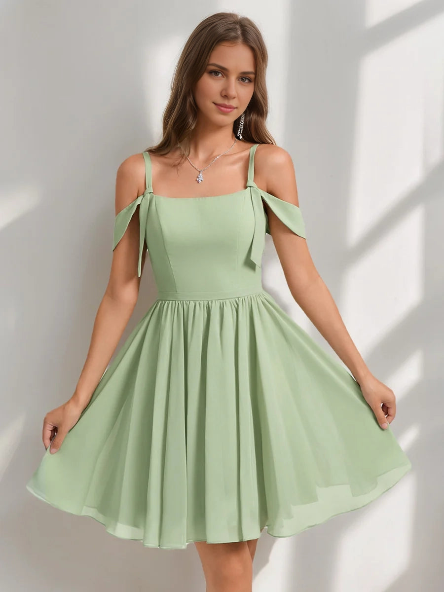 DingJi Wedding Charming A-line princess square sleeveless chiffon short pleated Homecoming Dresses